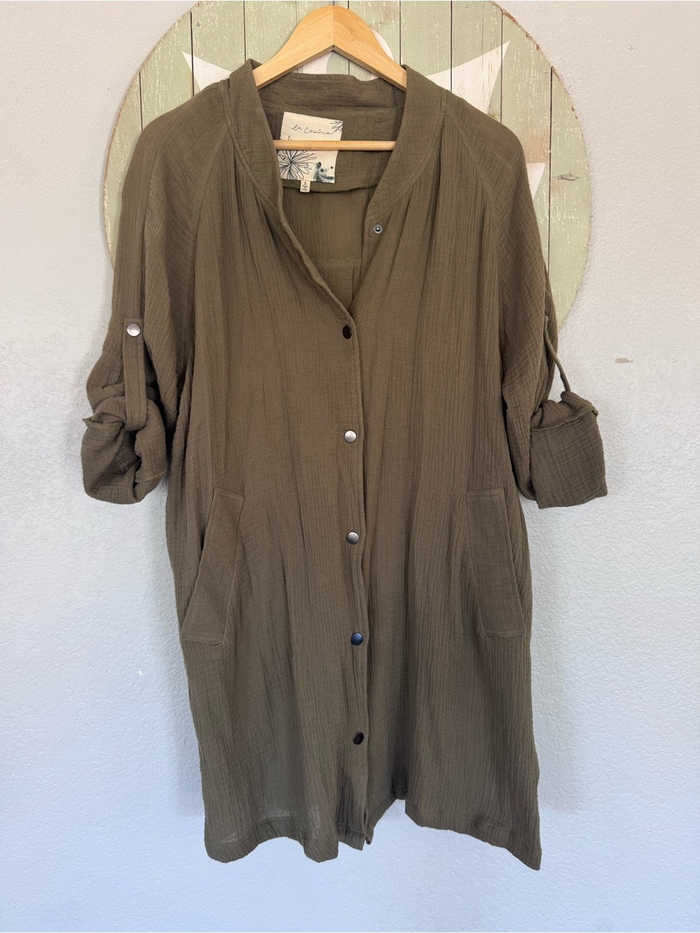 En creme crinkle cotton long tunic green small